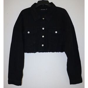 PRETTY LITTLE THING Women's Sz 12 Washed Black Basic Raw Edge Denim Crop Jacket